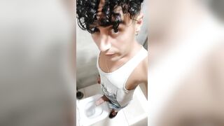 Cum on own hand and chewing and swallowing own cum at a shopping mall toilet - 10 image