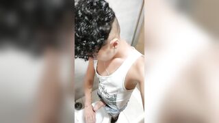 Cum on own hand and chewing and swallowing own cum at a shopping mall toilet - 4 image