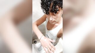 Cum on own hand and chewing and swallowing own cum at a shopping mall toilet - 8 image