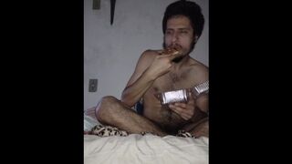 Hairy smoker Eating Pizza to become bigger - 1 image