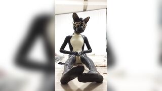 Rubber bastet cum in his latex catsuit with magic wand - 2 image
