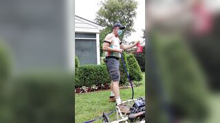 Daddy gardener doing yard work and hosing off - 3 image