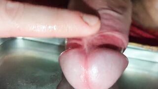 Slowly oozing cum while edging, then releasing big mighty huge load in metal tray, super extreme close-up cumshot, sperm - 6 image
