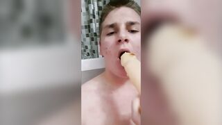 Fat boy sucks dildo and cums - 2 image