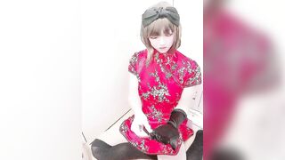 Japanese crossdresser Miya masturbates with Chinese red dress 8 - 2 image