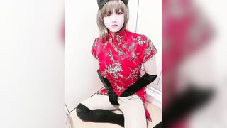 Japanese crossdresser Miya masturbates with Chinese red dress 8 - 7 image