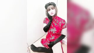 Japanese crossdresser Miya masturbates with Chinese red dress 8 - 8 image