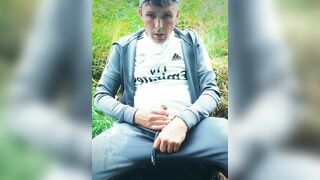 Pissing on my tracksuit outdoors, piss drinking, nice cum shot. Scallyoscar - 4 image