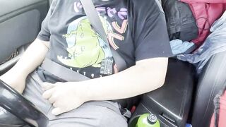Gay chubs jerks cock until he cums and shoots his load in his car