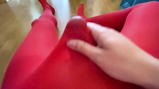 Cumshot on my red nylon pantyhose - 5 image