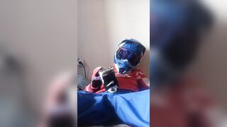 motorcyclist jerks off in new gear and cums on sneakers. - 6 image
