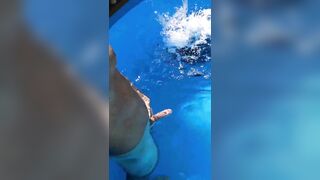 Risky showing my boner in swimming pool while neighbors outside - 10 image