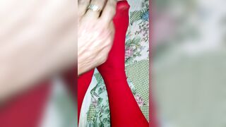 Masturbate in wet messy red pantyhose and leotard. - 1 image
