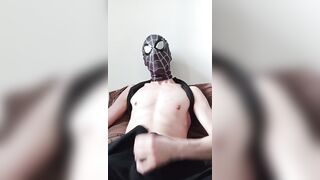 Spiderman jerks off and cums in his shorts - 8 image