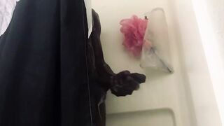 Jerking my huge black uncut cock inside shower - Soapy Jerking - Jerkoff Jackoff - 1 image