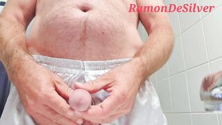 Master Ramon's short warm up massage in sexy silver satin shorts - 2 image