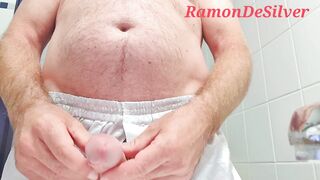 Master Ramon's short warm up massage in sexy silver satin shorts - 7 image
