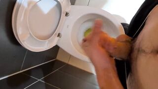Horny man piss in the public toilet of shopping mall and play with dick 4K - 10 image