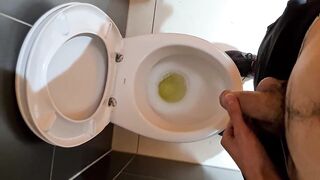 Horny man piss in the public toilet of shopping mall and play with dick 4K - 5 image