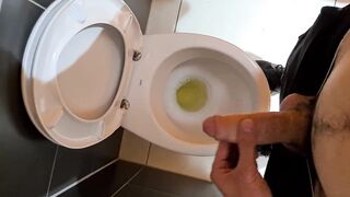 Horny man piss in the public toilet of shopping mall and play with dick 4K - 6 image