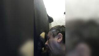 Messy sloppy blowjob on young gloryhole visitor from the always busy cocksucker. - 5 image
