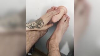 Horny teen with skinny hairy Legs masturbates and gives a footjob to his dildo - 9 image