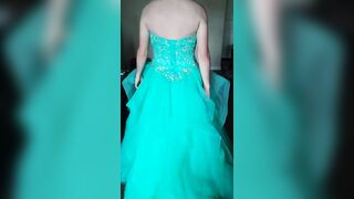 Cumming in a girl's teal blue corset back prom dress - 1 image