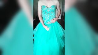 Cumming in a girl's teal blue corset back prom dress - 10 image