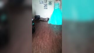 Cumming in a girl's teal blue corset back prom dress - 2 image