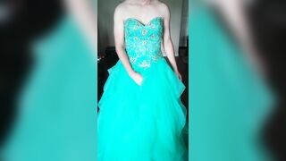 Cumming in a girl's teal blue corset back prom dress - 3 image