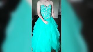 Cumming in a girl's teal blue corset back prom dress - 4 image