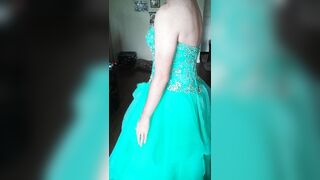 Cumming in a girl's teal blue corset back prom dress - 5 image
