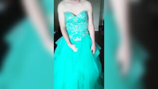 Cumming in a girl's teal blue corset back prom dress - 6 image