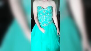 Cumming in a girl's teal blue corset back prom dress - 7 image