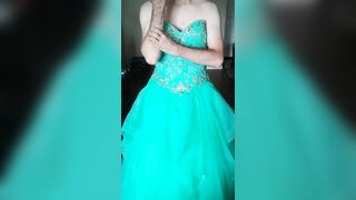 Cumming in a girl's teal blue corset back prom dress - 8 image