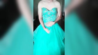 Cumming in a girl's teal blue corset back prom dress - 9 image