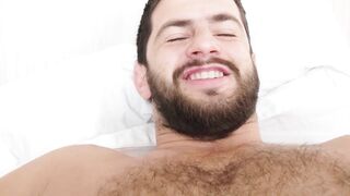 In bed with a hairy hunk - morning wood hard uncut cock - musky ripe pits and bedsheets - 8 image