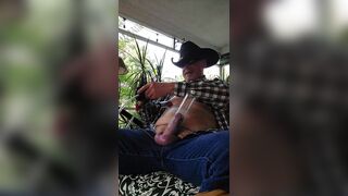 Cowboy dad pumps cock,and nips sitting on back porch - 7 image