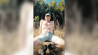 Scallyoscar piss drinking and soaking ripped denim shorts outdoor - 2 image