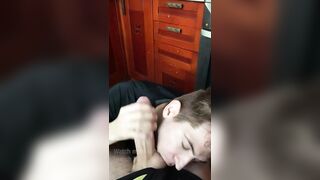 Sexy twink sucks his friend's dad's monster cock. Licked all the cum down to a drop - 8 image
