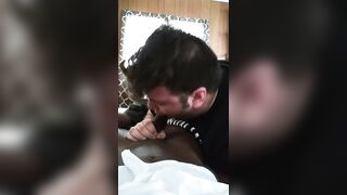 College guy sucking his roomate while other roomate is in class