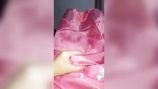 Crossdresser wearing long satin prom pink dress - 3 image