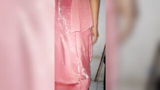 Crossdresser wearing long satin prom pink dress - 9 image