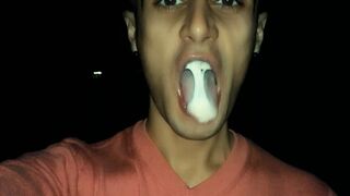 Chewing and making bubbles foam of friends cum public - 1 image