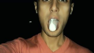 Chewing and making bubbles foam of friends cum public - 9 image