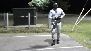 bastard wetsuit commando shoots massive load into wetsuit in front of doors - 3 image