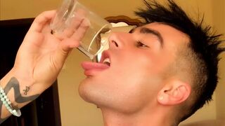 Twink with thick cock and bouncing balls cums in a cup and drinks own cum - 1 image