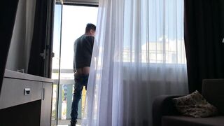 Vibrating dildo deep in ass , prostate stimulation on a balcony - 10 image