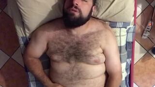 Big hairy bearded bear horny on the bed solo jerk off moaning a lot. Orgasm face. Beautiful Agony - 1 image
