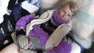 Mohair Turtleneck Purple Sweater with Fleece and Angora, masturbation cum shot on a sock - 10 image